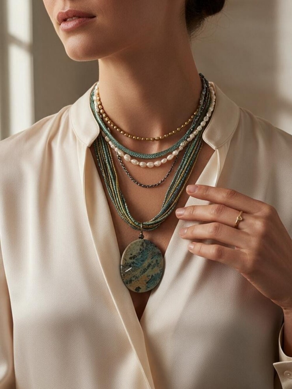 African Jasper Eight Strand Pendant Necklace In Turquoise Green Blue And Yellow